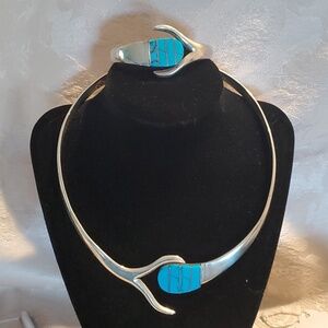 Sterling Silver & Inlaid Turquoise Clamper Set Necklace And Bracelet